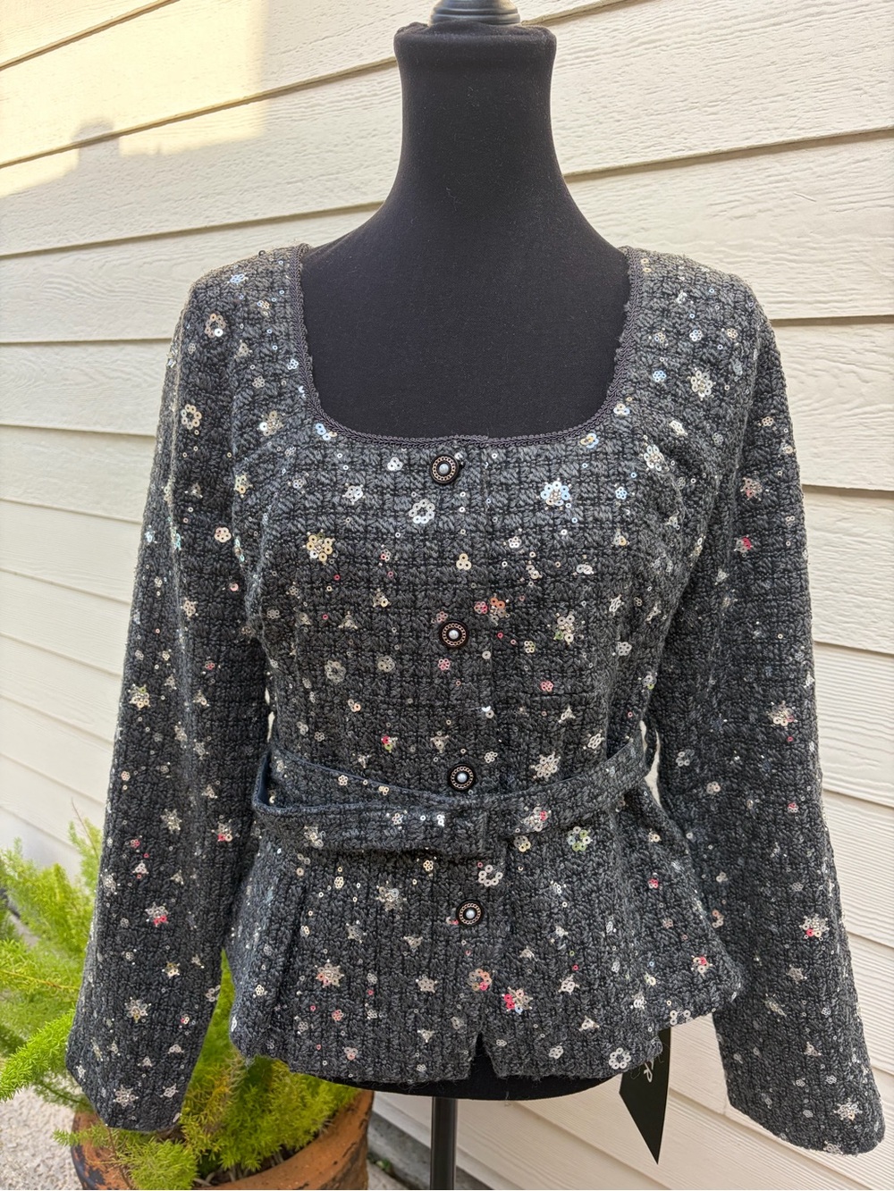 Astr Dark Gray Tweed Peplum Blazer with Silver Sequin Accents